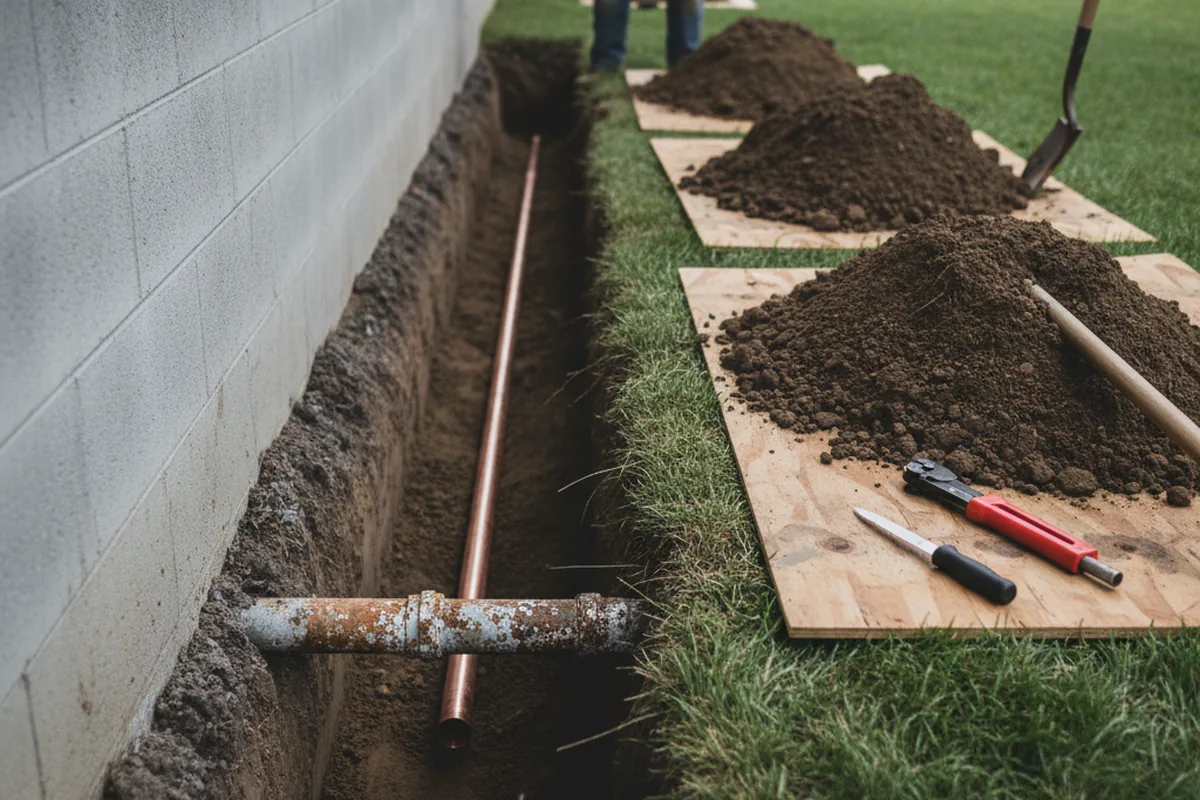 Excavated water line trench during Water Softener Installation in Colver